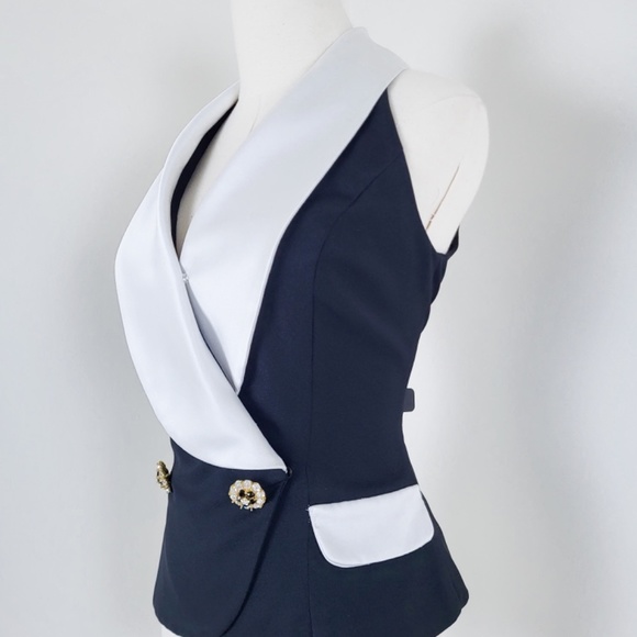 90's Waistcoat Black & White formal double breasted lapel V-neck plunge neckline - Picture 13 of 16